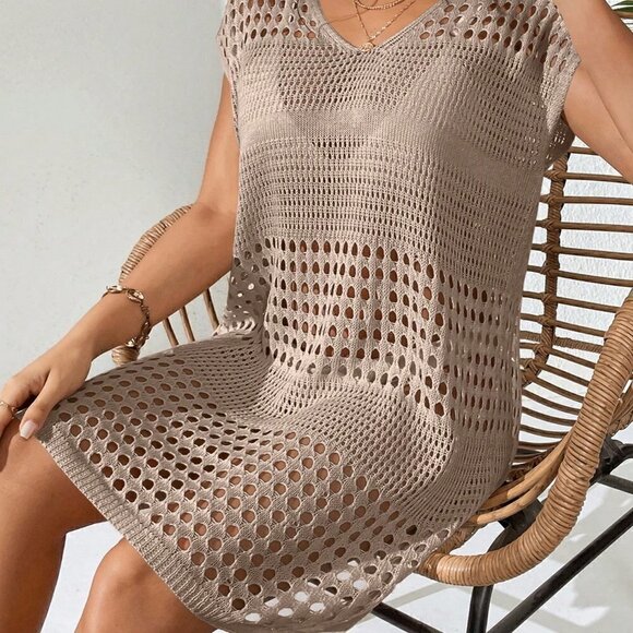 Khaki Boho Women's Hollow Out Batwing Sleeve Cover Up Dress - Picture 3 of 5